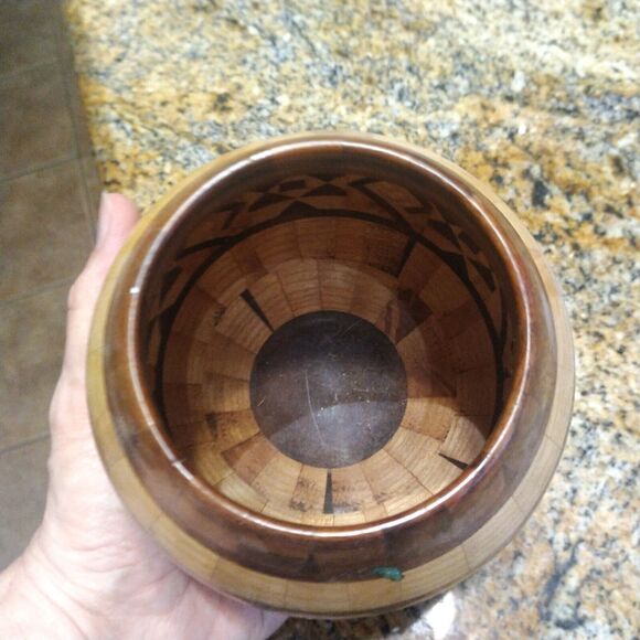 Wooden Turquoise Segmented Hand Crafted & Turned Round Bowl Artist Signed 3.5" - Picture 7 of 9